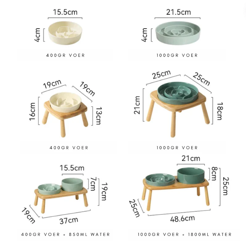 Gamelle en céramique pour chiens avec fonction anti-glouton – Verte – set – 1800 ml – céramique de haute qualité et bois massif élégant.