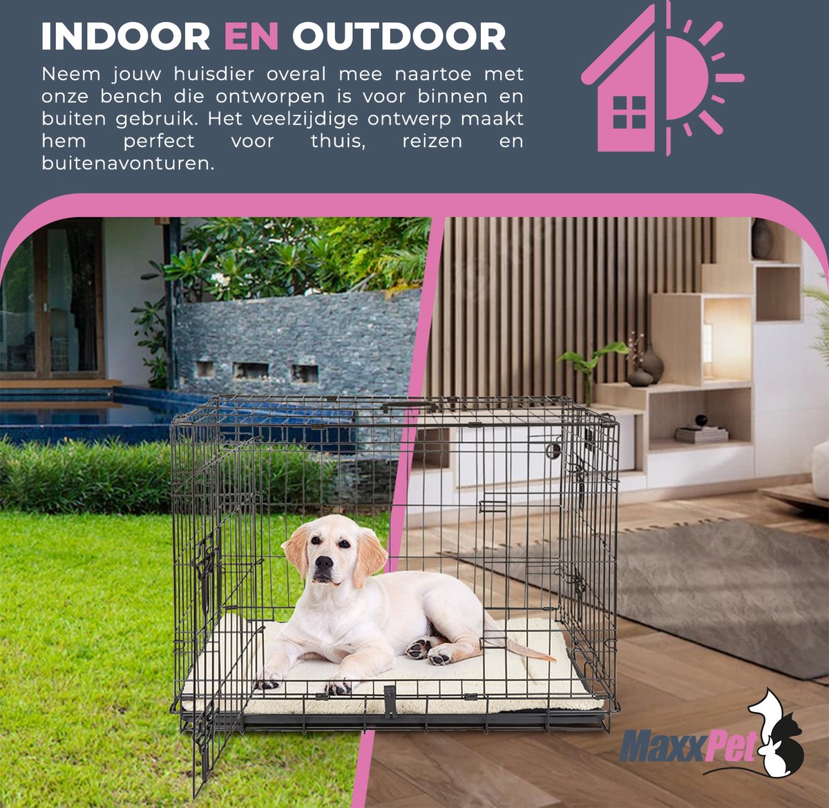 MaxxPet Hondenbench - Bench - Bench voor honden - Hondenbench Opvouwbaar - Incl. Plaid & drinkbakje - 76 x 48 x 53 cm