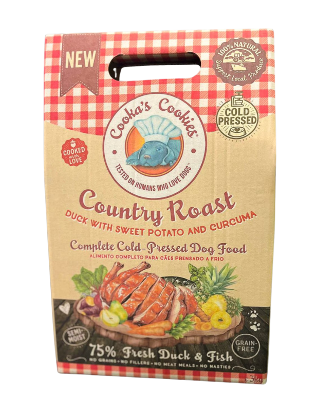 Cooka’s Cookies Country Roast – Aliment complet pressé à froid pour chiens – Canard, patate douce et curcuma – Naturel