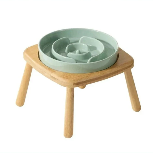 Keramische eetbak voor honden slow feeder - Lichtgroen - 1800 ml - hoogwaardig keramiek en stijlvol massief hout.