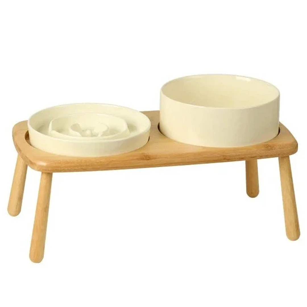 Keramische Voer- en Drinkbak voor Honden Slow Feeder - Wit - set - 850 ml - hoogwaardig keramiek en stijlvol massief hout.