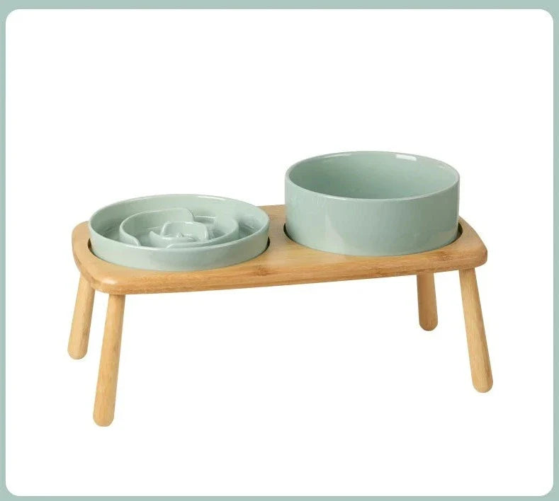 Gamelle et Distributeur d'eau en Céramique pour Chiens Slow Feeder - Vert clair - lot - 1800 ml - céramique de haute qualité et bois massif élégant.
