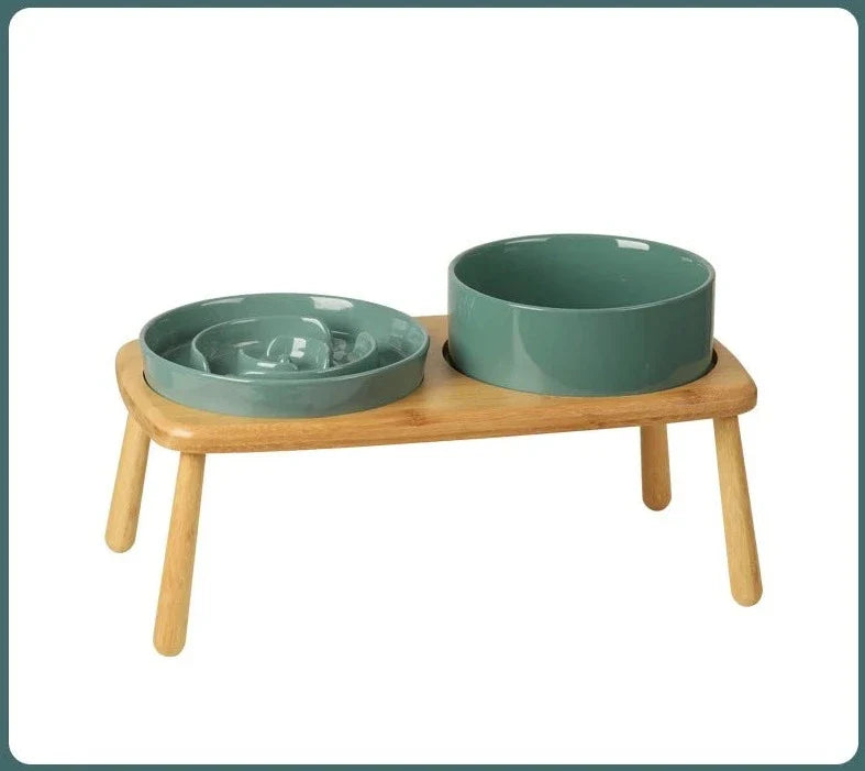 Keramische Voer- en Drinkbak voor Honden Slow Feeder - Groen - set - 1800 ml - hoogwaardig keramiek en stijlvol massief hout.