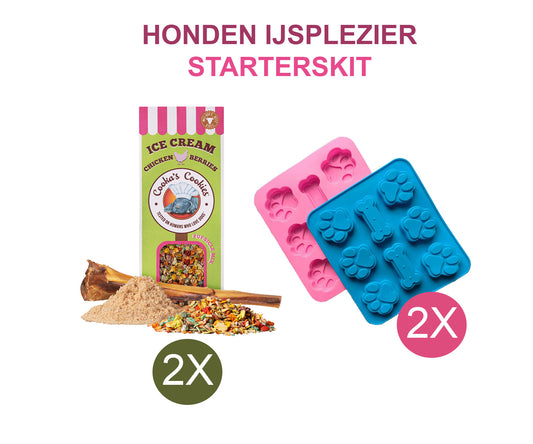 IJsplezier voor honden -starterskit: 2 x  ijsjesmix + 2 silicone vormpjes roze/blauw
