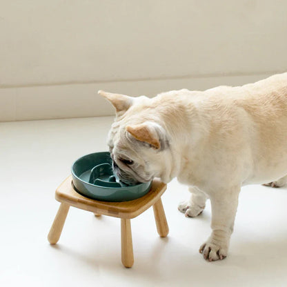 Gamelle en céramique pour chien slow feeder - Blanc - 1800 ml - céramique de haute qualité et bois massif élégant.