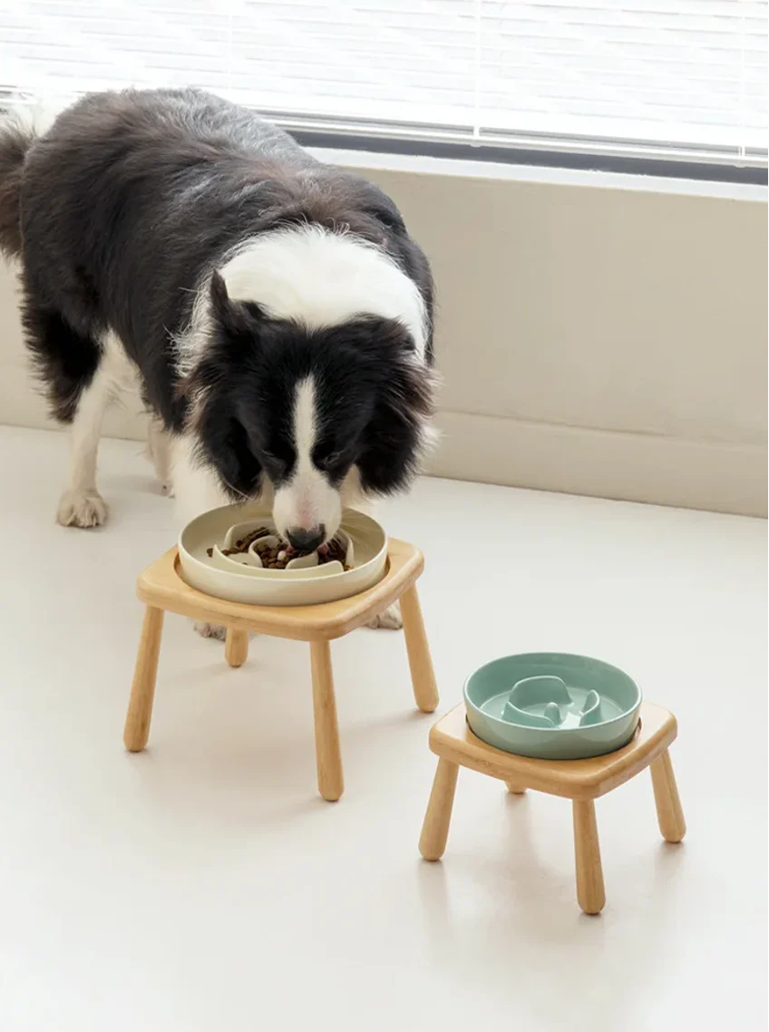 Gamelle en céramique pour chien slow feeder - Blanc - 1800 ml - céramique de haute qualité et bois massif élégant.