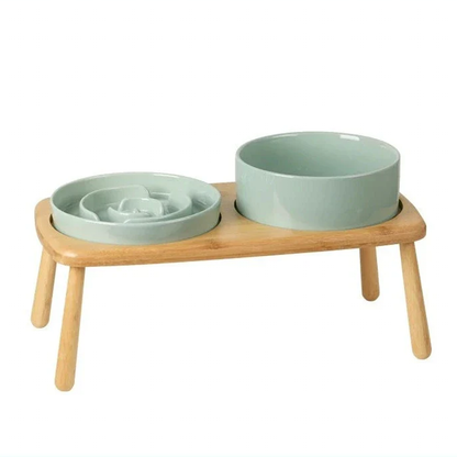 Gamelle en céramique et distributeur d'eau pour chien Slow Feeder - Vert clair - set - 850 ml - céramique de haute qualité et bois massif élégant.