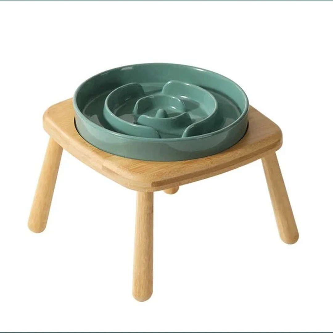 Keramische eetbak voor honden slow feeder - Groen - 1800 ml - hoogwaardig keramiek en stijlvol massief hout.