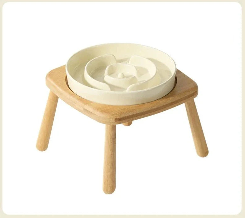 Keramische eetbak voor honden slow feeder - Wit - 850 ml - hoogwaardig keramiek en stijlvol massief hout.