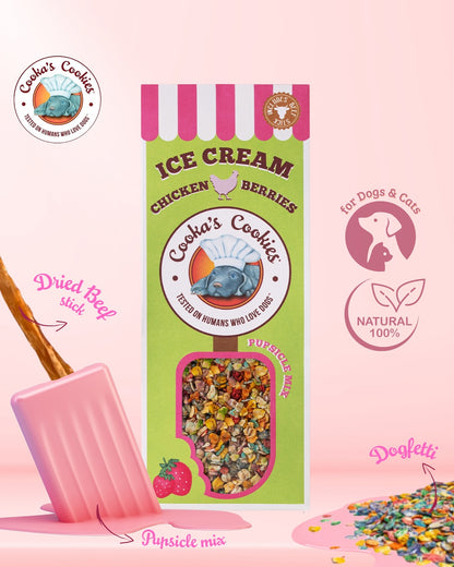 Cooka’s Cookies Glace pour chiens - kit de démarrage : 2 x mélanges pour glace + 2 moules en silicone rose/bleu