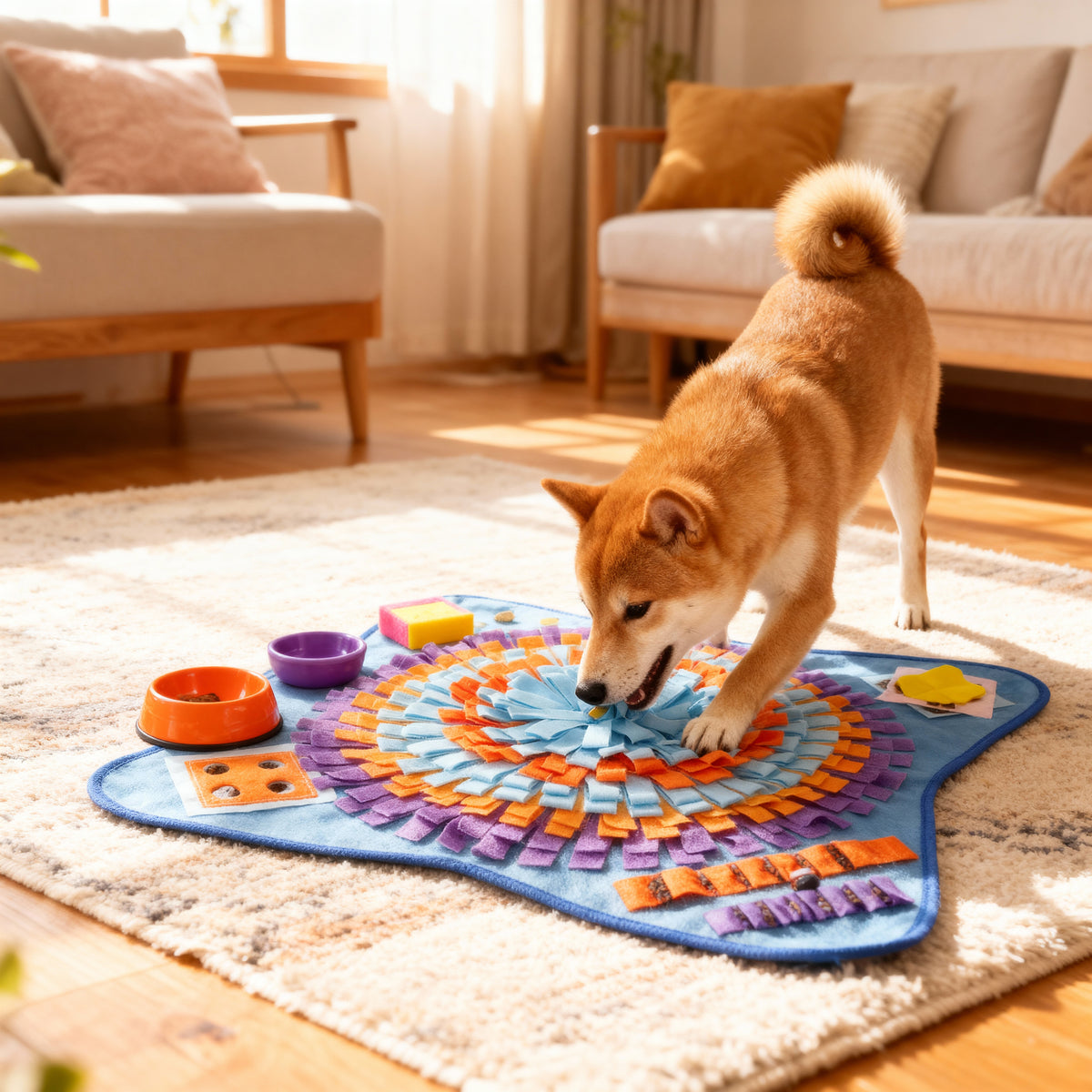 Tapis de fouille NeuroZen pour chiens (72x72 cm, Bleu) – Jeu d'exploration et stimulation mentale contre l'ennui