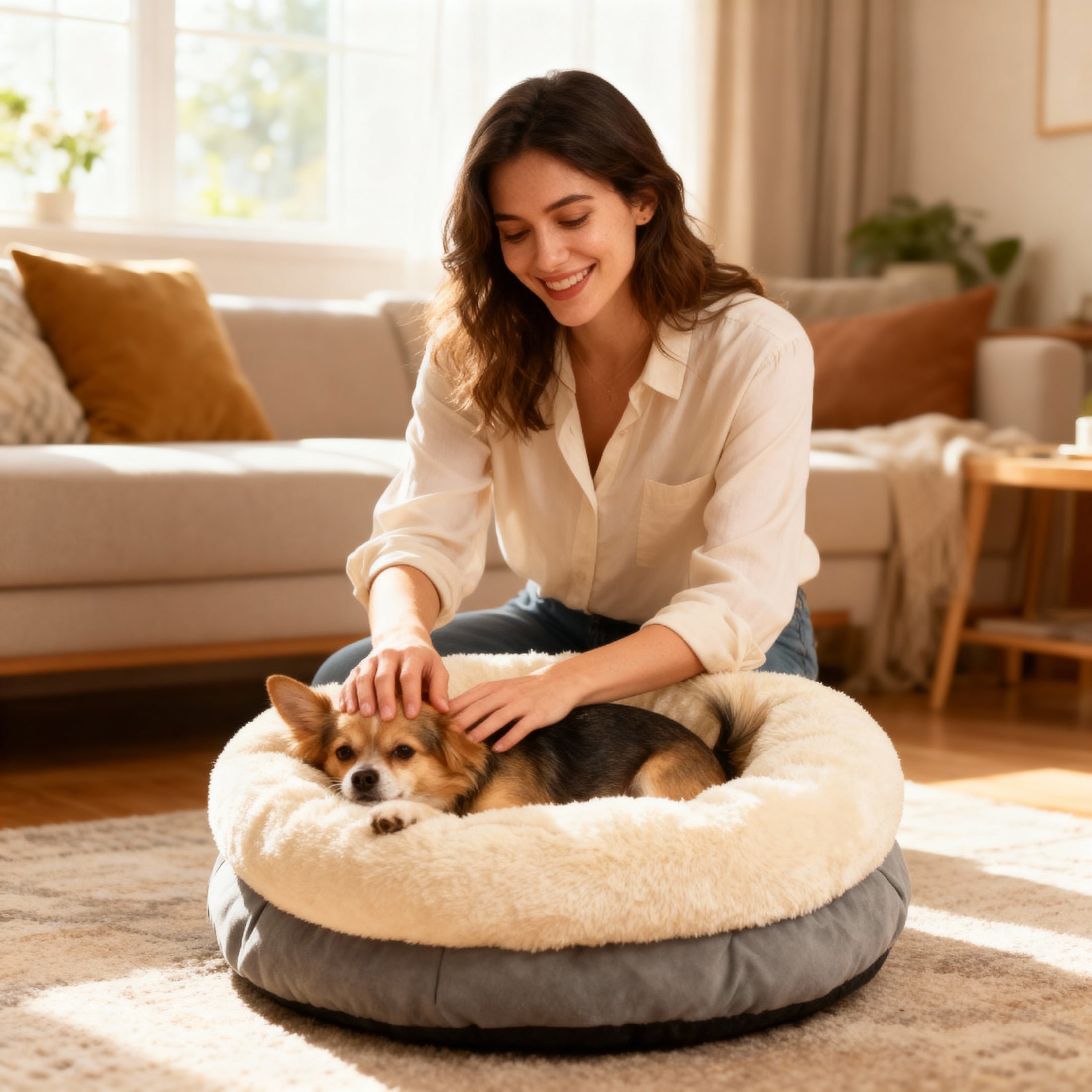 Luxe donut hondenmand van lamswol – superzacht pluche hondenbed in elegant grijs – stijlvol hondenkussen met microsuède afwerking – 45 x 45 x 25 cm