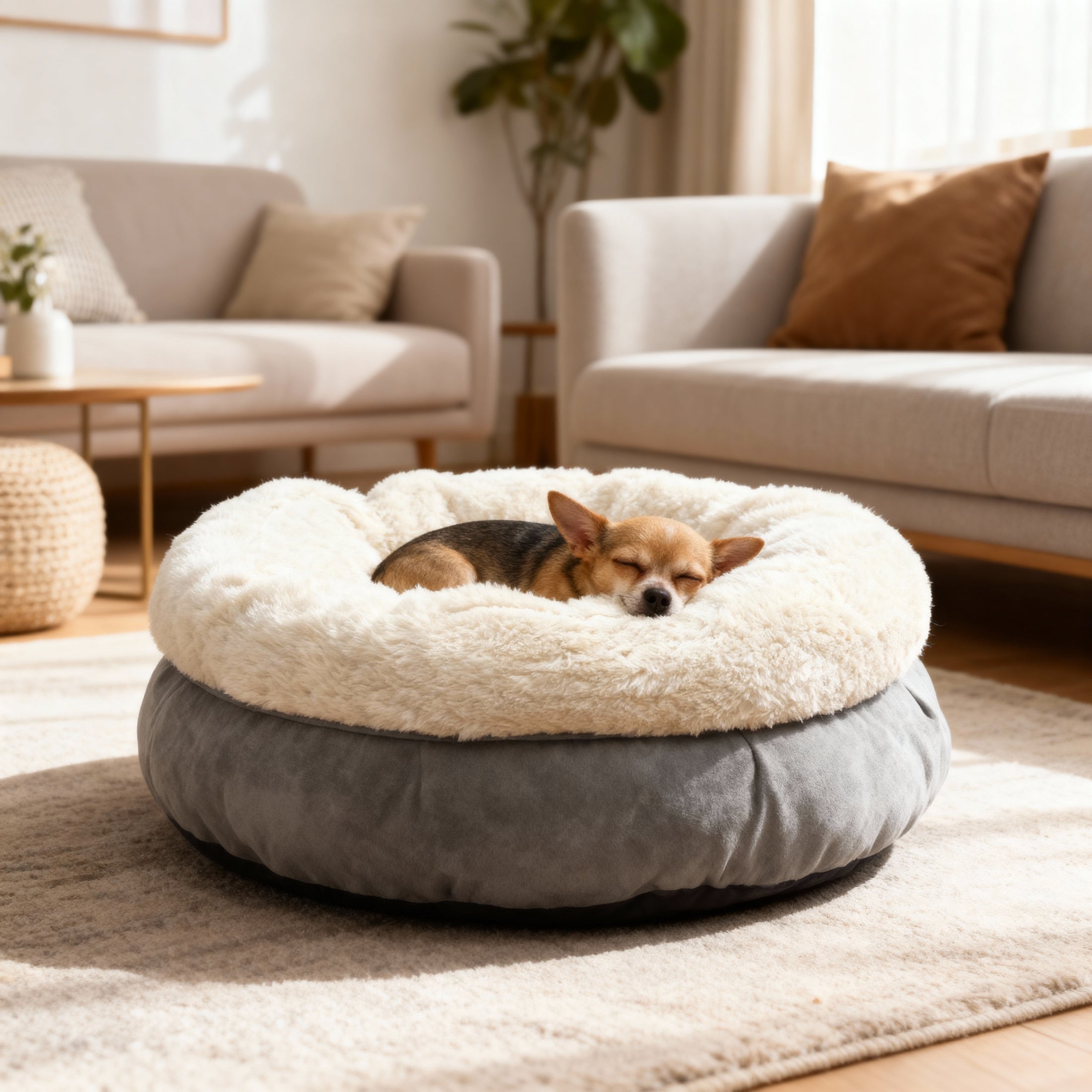 Luxe donut hondenmand van lamswol – superzacht pluche hondenbed in elegant grijs – stijlvol hondenkussen met microsuède afwerking – 45 x 45 x 25 cm
