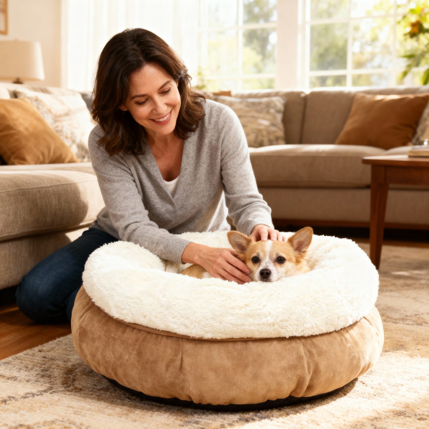 Panier pour chien Donut en laine d'agneau beige – 45 × 45 × 25 cm