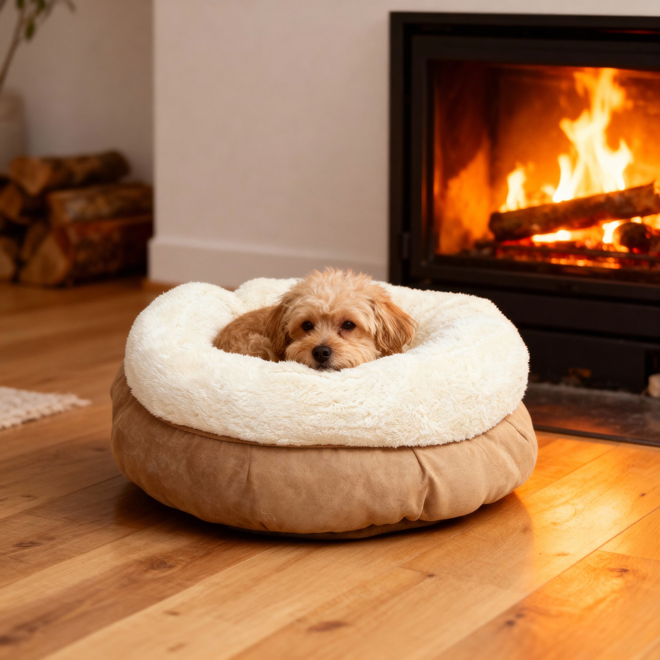 Luxe donut hondenmand van lamswol – superzacht pluche hondenbed in elegant beige – stijlvol hondenkussen met microsuède afwerking – 45 x 45 x 25 cm