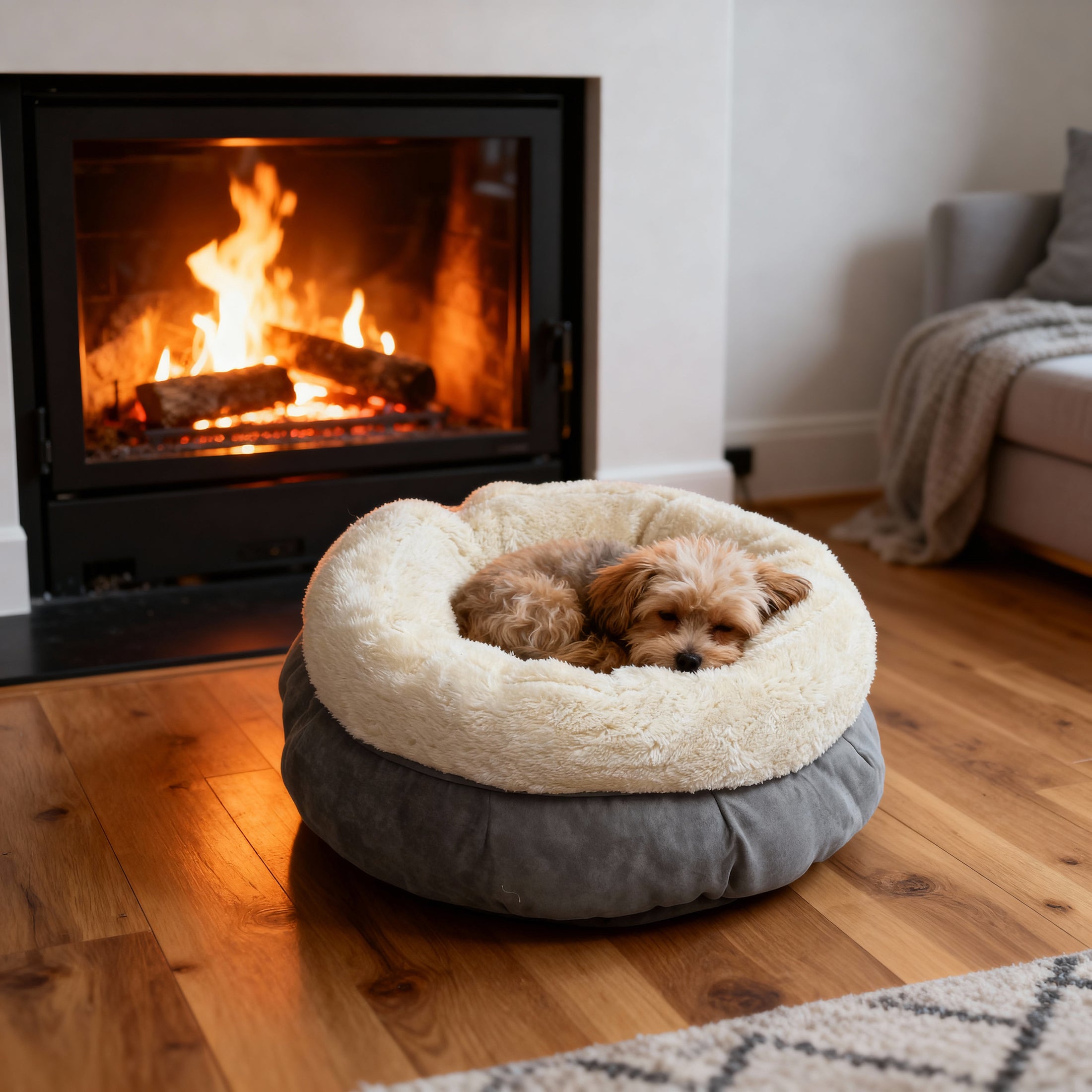 Luxe donut hondenmand van lamswol – superzacht pluche hondenbed in elegant grijs – stijlvol hondenkussen met microsuède afwerking – 45 x 45 x 25 cm