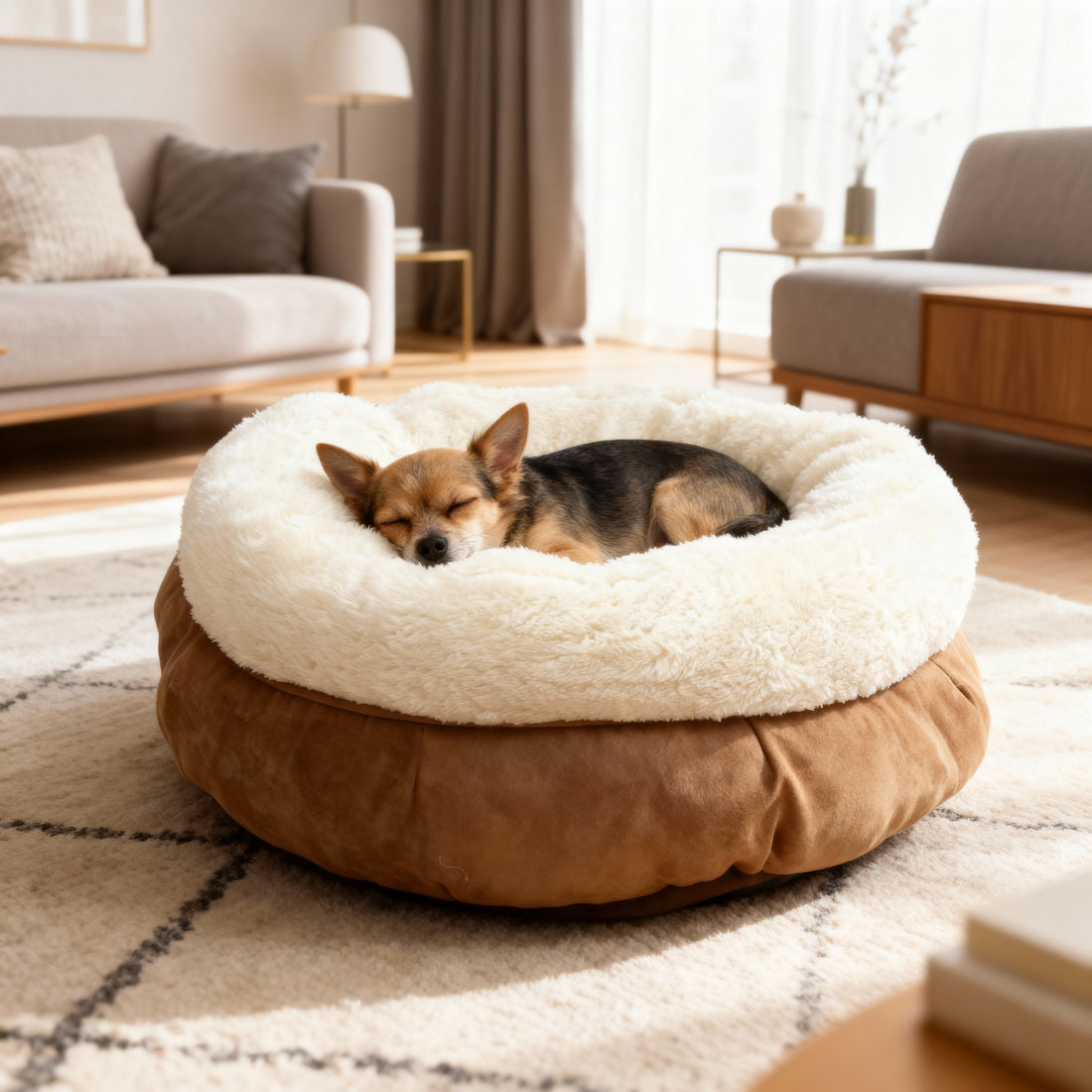 Panier pour chien Donut en laine d'agneau beige – 45 × 45 × 25 cm