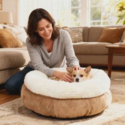 Panier pour chien Donut en laine d'agneau beige – 45 × 45 × 25 cm